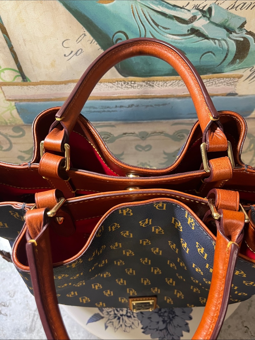 Dooney & Bourke Navy Logo Satchel with Brown Leather Handles - Picture 4 of 13
